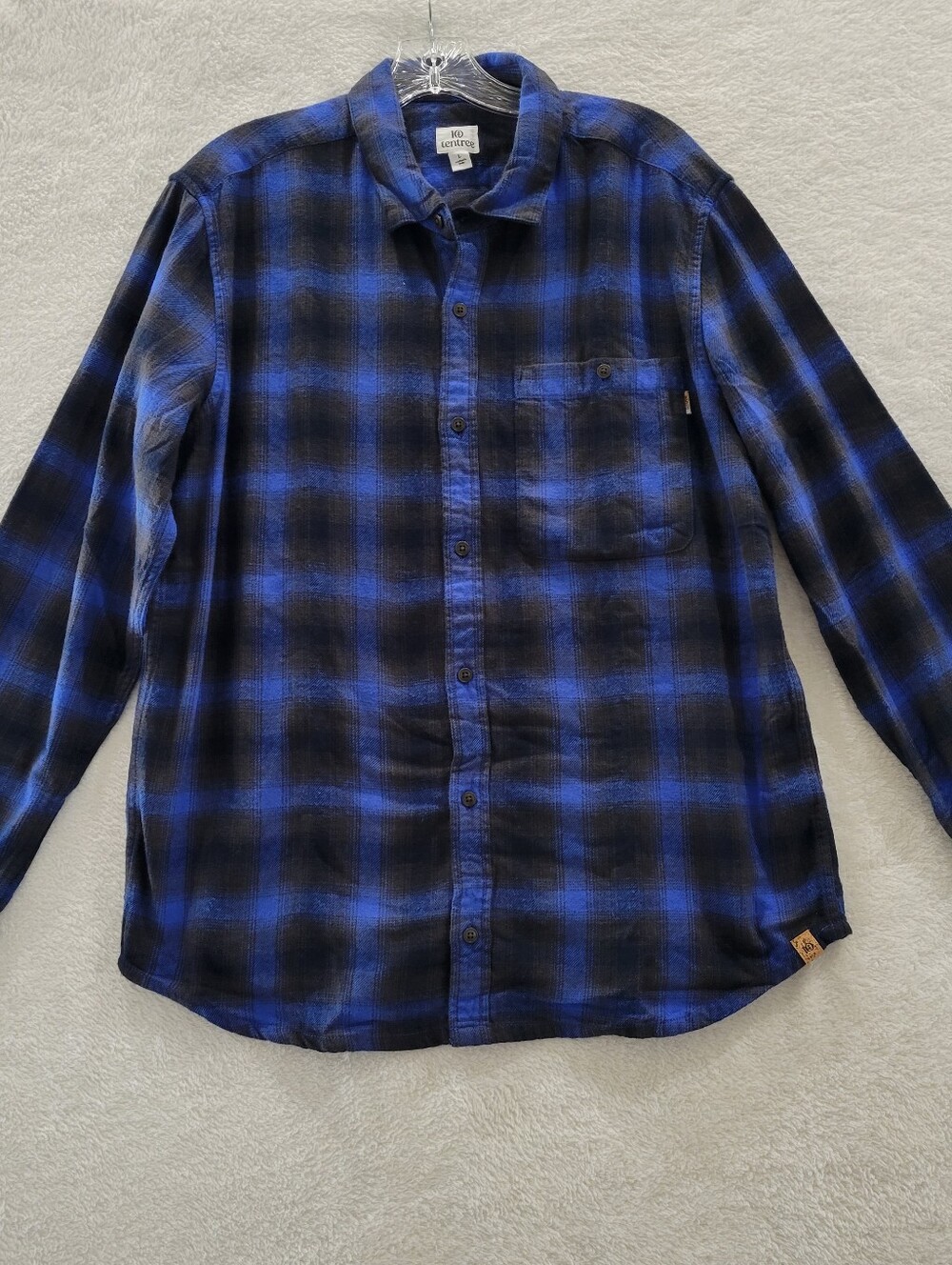 Tentree Flannel Shirt Mens Size Large Black Blue Plaid Organic Cotton Blend